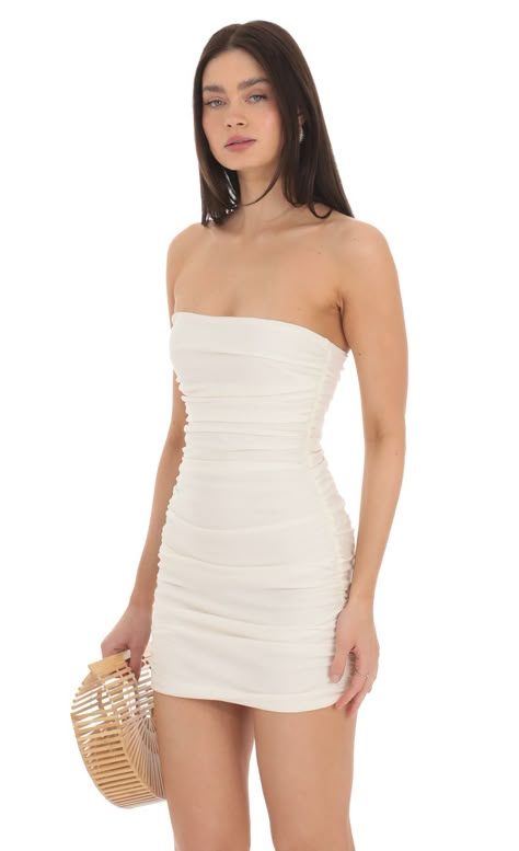 Strapless Ruched Bodycon Dress in Ivory White Hoco Dress, White Tube Dress, Bat Mitzvah Dresses, Strapless Dresses Short, School Dance Dresses, White Homecoming Dresses, Dress Tight, White Bodycon Dress, Ruched Bodycon Dress