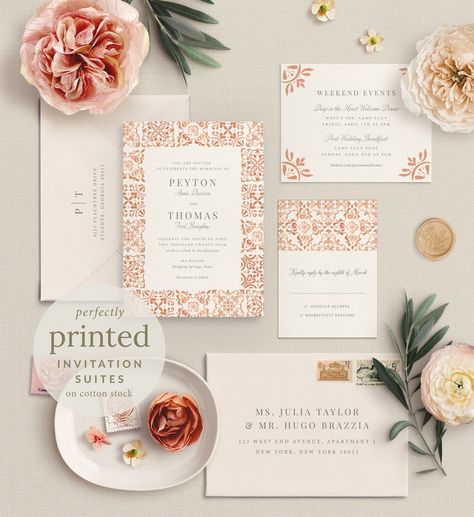 Spanish Tile Wedding Invitation Suite, Printed Spanish Tile Invitation, Spanish Tile Wedding, Spanish Wedding Invitations, Mexican Wedding Invitations, Tile Wedding, Spanish Style Wedding, Addressed Envelopes, Spanish Wedding, Tile Color