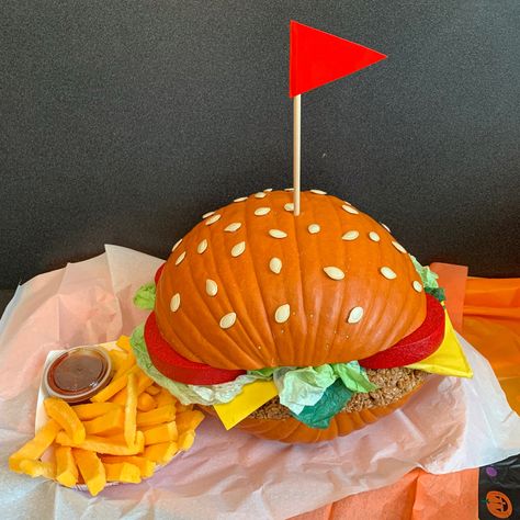 I created this “pumpkin hamburger” for our pumpkin carving contest at work. The fries were made from the leftover pieces of pumpkin! Pumpkin Hamburger, Hamburger Pumpkin, Creative Pumpkin Decorating Contest, Tommy Sweater, Pumpkin Carved, Creative Pumpkin Decorating, Pumpkin Carving Contest, Pumpkin Decorating Contest, Pumpkin Contest