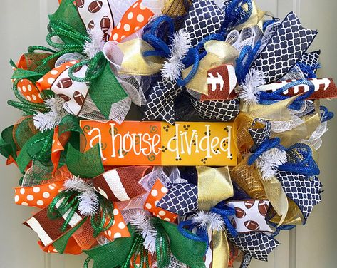 Sports House Divided Custom Football Deco Mesh Wreath Football Wreath Diy, Softball Wreath, House Divided Wreath, Diy Deco Mesh Wreath, Summer Porch Decor, Sports Wreaths, Football Wreath, Cheer Squad, House Divided