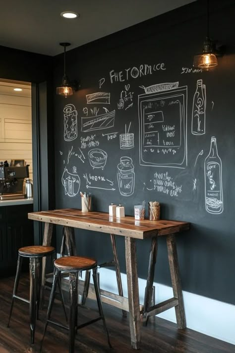 "Add a fun and functional element to your decor with a DIY Chalkboard Wall! 🖍️🛠️ Perfect for kids' rooms, kitchens, or offices. 🌟✨ #ChalkboardInspiration #DIYProjects #HomeDesign" Magnetic Chalkboard Wall Kitchen, Kitchen With Chalkboard Wall, Arched Chalkboard Wall, Kitchen Chalk Wall, Chalkboard Wall Design Ideas, Kitchen Picture Wall, Blackboard Wall Kitchen, Chalkboard Wall Playroom, Diy Chalkboard Wall