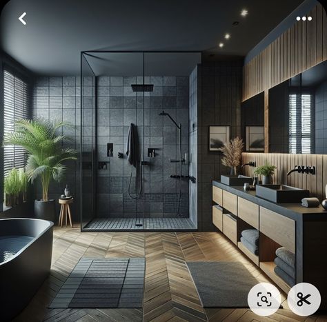 Master Ensuite Bathroom Moody, Dark Moody Master Bath, Dark Master Bath, Dream Bathroom Master Baths, Master Ensuite Bathroom, Tranquil Bathroom, Dark Bathroom, Master Baths, Dark Tile