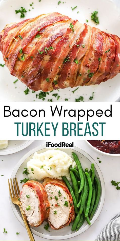 Bacon Wrapped Turkey Breast Bacon Thanksgiving Recipes, Bacon Wrapped Turkey Breast, Thanksgiving Turkey Breast, Turkey Dressing Recipe, Bacon Wrapped Turkey, Thanksgiving Turkey Recipe, Cooked Turkey Recipes, Best Turkey Recipe, Turkey Bacon Wrap