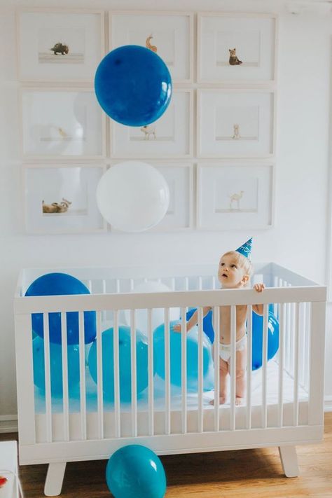 Crib Birthday Pictures, First Birthday Crib Balloons, Balloons In Crib For Birthday, Birthday Crib Pictures, Birthday Crib Balloons Mornings, Crib Balloons Birthday, In Home 1st Birthday Pictures, Balloons In Crib First Birthdays, 1st Birthday Wake Up Ideas