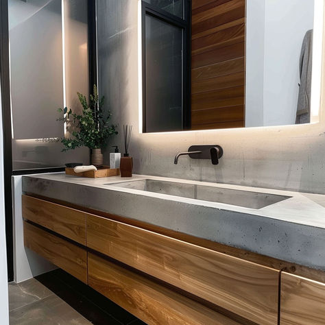 Concrete Vanity Top With Vessel Sink, Cement And Wood Interior, Concrete And Wood Bathroom, Concrete Bathroom Countertops, Futuristic Bathroom Design, Cement Sink, Futuristic Bathroom, Concrete Vanity Top, Concrete Bathroom Sink