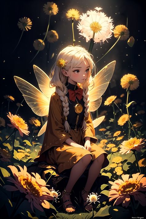 #inacofairy#pixie#ai#aiart#fantasy#manga#fairy#flowers#elf#anime#dandelions Dandelion Anime, Dnd Fairy, Dandelion Fairy, Surreal Digital Art, Aesthetic Fairycore, Lovely Anime, Fairy Flowers, Manga Fairy, Anime Show