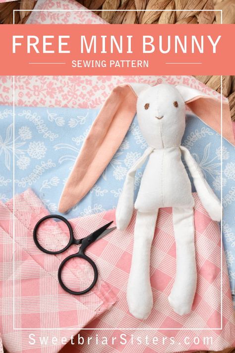 Free rabbit sewing pattern for mini dollhouse size bunny (works great in 1:12 scale doll houses!) Can be sewn on machine or by hand. Pattern includes step by step video tutorial to guide you through the whole process.  Finished 6 inch bunny is perfect for Easter baskets or imaginative play year round. #easterbunny #rabbit #bunny #easterbunny Syprosjekter For Nybegynnere, Doll Patterns Free Sewing, Bunny Sewing Pattern, Bunny Sewing, Mini Bunny, Diy Sy, Doll Patterns Free, Hand Sewing Projects, Stuffed Bunny