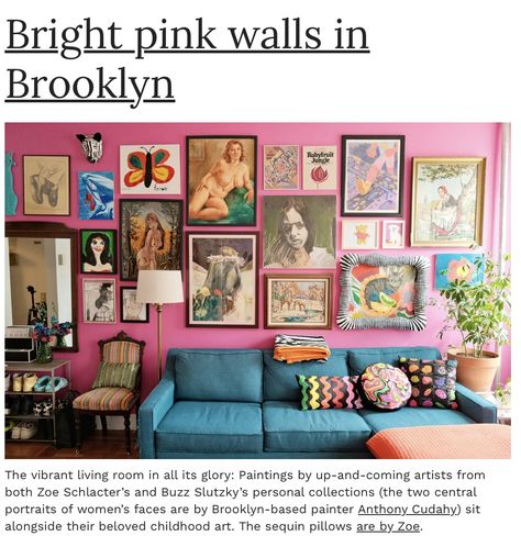 Gallery Wall Pink, Childhood Art, Vibrant Living Room, Sequin Pillow, Pink Walls, Pretty And Cute, Woman Face, Bright Pink, Gallery Wall