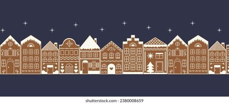 Night Cityscape Gingerbread Village seamless border. City houses street with stars pattern. Winter holiday Landscape. Vector illustration Christmas Houses Illustration, Gingerbread City, Landscape Vector Illustration, Gingerbread House Patterns, City Houses, Night Cityscape, Holiday Landscape, Landscape Vector, Gingerbread Village