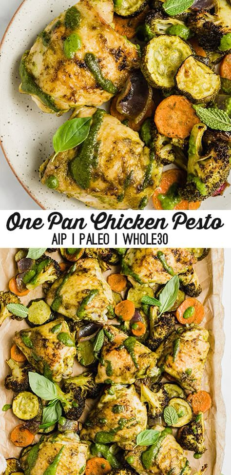 One-Pan Chicken Pesto With Vegetables (Whole30, Paleo, AIP) - Unbound Wellness Pesto With Vegetables, Aip Recipes Dinner, Aip Dinners, Paleo Pesto, Aip Chicken, Aip Dinner, Aip Protocol, Aip Diet Recipes, Green Diet