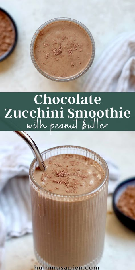 Creamy vegan chocolate smoothie with peanut butter and zucchini tastes like a chocolate peanut butter milkshake! This nutritious smoothie with hidden veggies has 9g of protein and 8g of fiber. Chocolate Zucchini Smoothie, Zucchini Smoothie Recipes, Hidden Veggie Smoothie, Smoothie With Peanut Butter, Green Smoothie Recipes Healthy, Zucchini Smoothie, Butter Zucchini, Smoothie Fast, Peanut Butter Milkshake