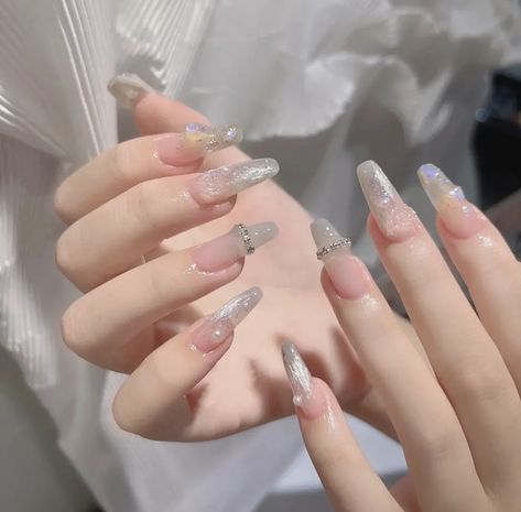 douyin nails, jelly nails, asian nails, korean nails, japanese nails, chinese nails, chinese tiktok nails, gel nails, gelx nails, acrylic nails, nails inspo, nail ideas, nail polish, long nail designs, elegant nail designs, wedding nails, silver nails, kirstin titus nails, erika titus nails, Douyin Gel Nails, Basic Douyin Nails, White Jelly Nails Korean, Douyin Nails With Charms, Gray Korean Nails, Chinese Douyin Nails, Chinese Acrylic Nails, Silver Jelly Nails, Silver Douyin Nails