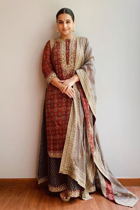 Marodi Embroidery, Ajrak Print, Kurta And Sharara, Indian Dress Up, Chanderi Dupatta, Indian Designer Suits, Vidya Balan, Kurta Neck Design, Printed Dupatta