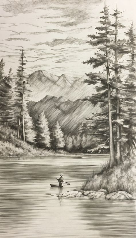 Scenery With Pencil Shading, Rural Landscape Drawing, Sketch Ideas Scenery, Landscape Sketch Nature Pencil Drawings, Scenery Sketch Landscapes, Pencil Shading Scenery, Sketsa Ideas, Pencil Scenery, Scenery Sketch