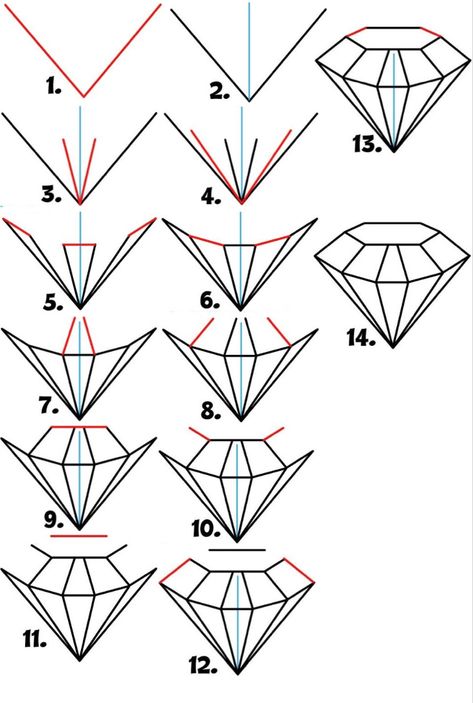 Drawing A Diamond, Diamond Line Drawing, Diamond Drawing Tutorial, How To Draw A Diamond Step By Step, How To Draw A Diamond, Diamond Drawing Simple, Crystal Drawing Tutorials, Gem Drawing Tutorials, How To Draw A Ring