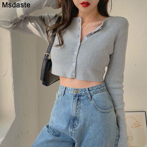 e1314fc026da60d837353d20aefaf054desc52987551ri Skirt Outfit Fall, Midi Skirt Outfit, Fashion Design Dress, Short Cardigan, Bottoming Shirt, Women Long Sleeve Tops, High Waisted Shorts Denim, Knit Crop, Cropped Cardigan