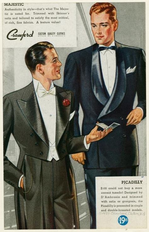 After a dip in popularity during World War I, the 1930s saw a resurgence in formal dress. Mens Evening Wear, 1930s Outfits, 1930s Men, Black Oxford Shoes, Digital Gallery, Morning Suits, Classic Tuxedo, Formal Fashion, April Wedding