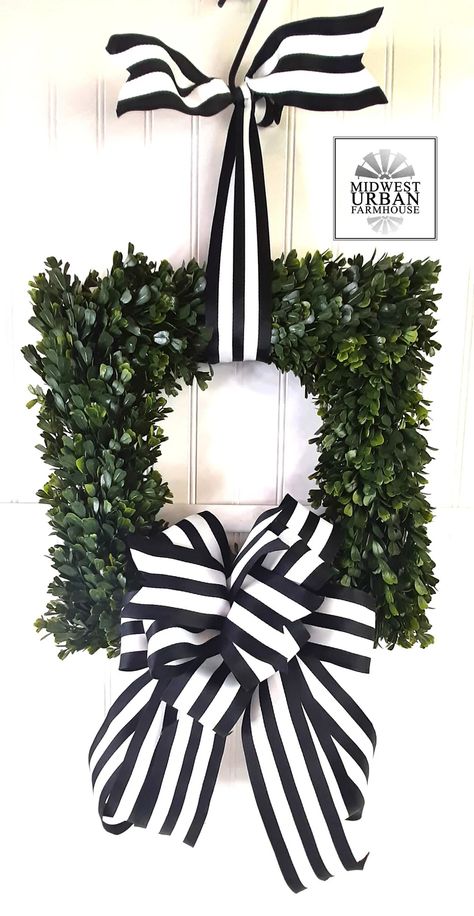 Large Floor Lanterns, Farmhouse Centerpiece Table, Bow Door, Wreath With Bow, Square Wreath, Faux Boxwood, Black Living Room Decor, Farmhouse Centerpiece, Boxwood Wreath