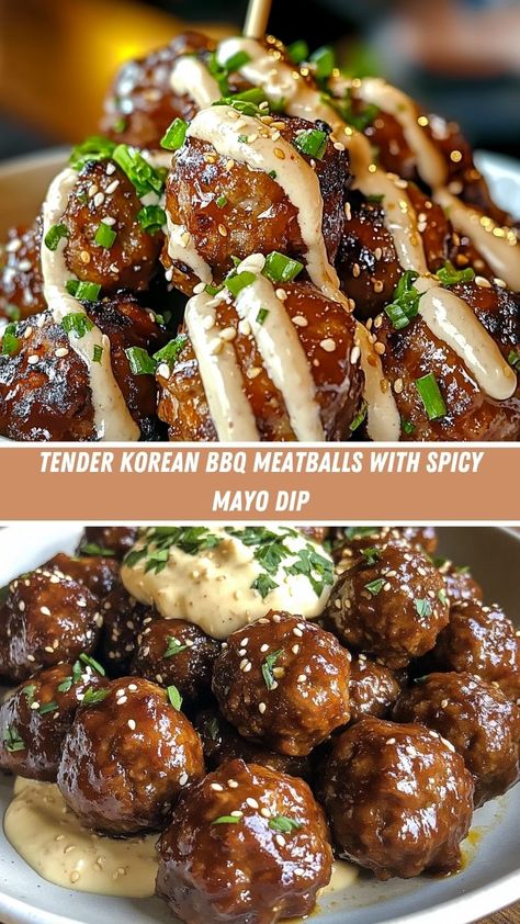 If you’re seeking a crowd-pleasing dish that pairs perfectly with any occasion, look no further than Tender Korean BBQ Meatballs with Spicy Mayo Dip. These succulent meatballs combine traditional Korean flavors with an irresistible spicy mayo dipping sauce that enhances every bite. Picture juicy pork and beef mixed with fragrant green onions and garlic, all coated in a sweet and tangy glaze. The added kick of the spicy mayo dip makes this dish truly unforgettable. Whether you’re hosting a game night or a casual dinner, these meatballs are sure to impress your guests. What’s more, they are easy to prepare and can be made ahead of time for convenience. Dive into this delightful recipe and discover how to create restaurant-quality tender Korean BBQ meatballs right in your kitchen! Korean Bbq Meatballs, Mayo Dipping Sauce, Crock Pot Inspired Meatball Recipes, Mayo Dip, Leftover Meatballs, Bbq Pitmaster, Bbq Meatballs, Spicy Appetizers, Korean Barbecue