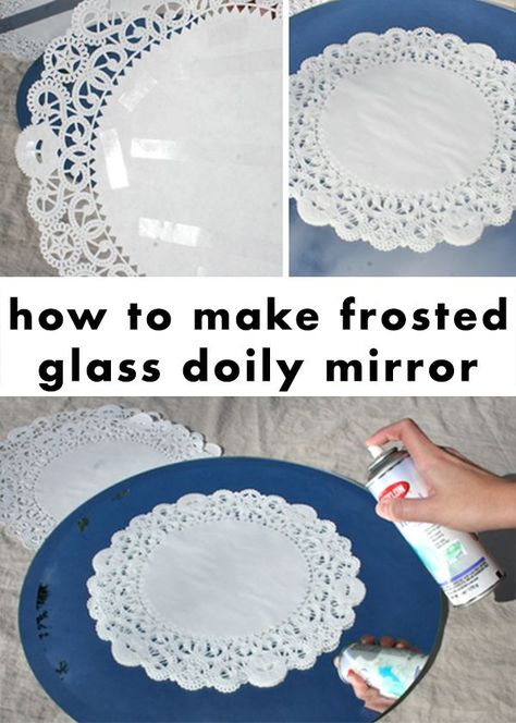 How to Create a Modern + Feminine Mirror #diy #mirror #frostedglass #diymirror #homedecor #diyhome #diydecor Dollie Art, Feminine Mirror, Doily Crafts, Frosted Mirror, Mirror Hack, Small Craft Rooms, Diy Outdoor Lighting, Doilies Crafts, Etched Mirror