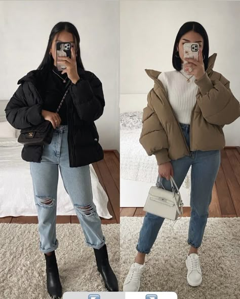 University Outfit Ideas Casual Winter, Basic Outfits Aesthetic Winter, Thanyaw Outfits Winter, Suburban Outfit, Outfits Invierno Juvenil Frio Casual, Fashion Outfits Cold Weather, Puffer Jacket Winter Outfit, Zara Winter Outfit, Puffer Jacket Outfit Ideas