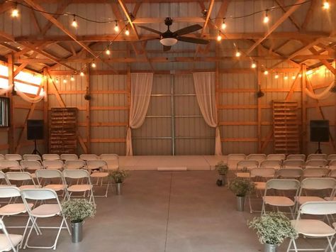 Our simple rustic wedding:) #hedingtomiller 8.12.17 (pole barn) Pole Shed Wedding Decor, Machine Shed Wedding Reception, Pole Barn Wedding Reception, Pole Barn Wedding, Simple Barn Wedding, Barn Wedding Lighting, Garage Wedding, Metal Pole Barns, Hangar Wedding