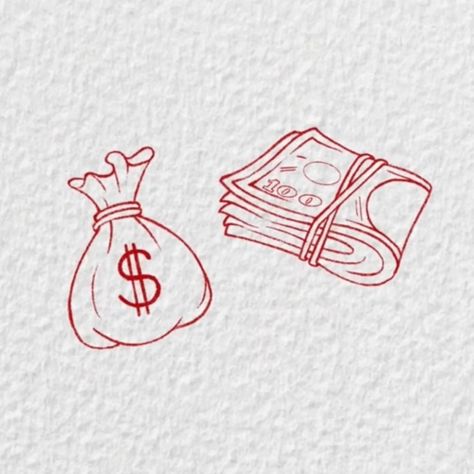 Money Flash Tattoo, Money Doodle Art, Money Bag Outline, Red Dollar Sign Tattoo, Small Money Bag Tattoo, Money Stack Drawing, Liner Tattoo Design, Small Money Tattoo, Money Sign Drawing