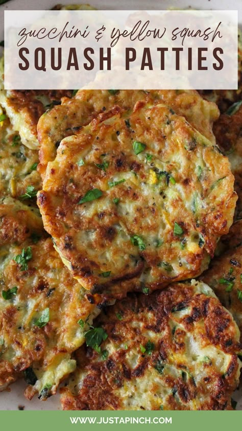 Zucchini and Yellow Squash Patties Squash Patties Fried, Squash Yellow Recipes, Squash Patties Recipe, Yellow Squash Bread Recipe, Fried Squash And Zucchini, Yellow Squash Patties, Summer Squash Fritters, Patty Pan Squash Recipe, Summer Garden Vegetables