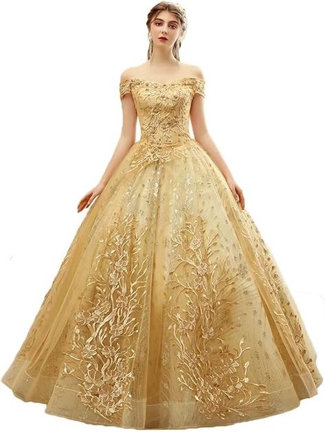 Amazon.com: Asulla Luxury Appliqued Beaded Quinceanera Dresses Off Shoulder A Line Long Formal Evening Ball Gowns Gold 2: Clothing, Shoes & Jewelry Ball Gowns Gold, Gold Homecoming Dress, Gold Ball Gown, Dress Off Shoulder Long, Gowns Gold, Wedding Dress Red, Masquerade Ball Gown, Girls Ball Gown, Dresses Off Shoulder