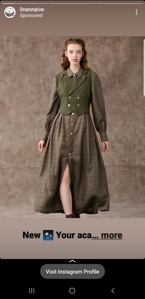 Shirt Dress Layering, Shirt Dress With Vest, Dress With Vest, Shirt Corset, Wizard Fashion, Dark Academia Outfit, Double Breasted Vest, Linen Layers, Dress Vest