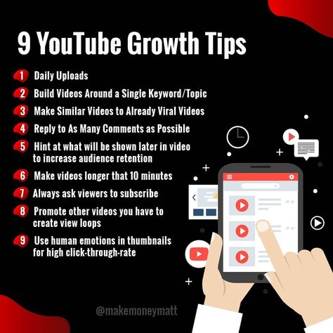 Here's 9 tips to help you grow on YouTube . Obviously, these aren't the only factors YouTube looks at when ranking your videos and choosing whether or not to promote it via the suggested tab . But if you get above a 60% average view duration and above a 9% click through rate, your video is VERY likely to go viral 📈 . The tips in this post will help you get those statistics as well as help you boost your engagement rate on your videos. #Youtubetips #youtubehacks #youtubemoney Description For Youtube, Youtube Growth Tips, Youtube Growth, Youtube Marketing Strategy, Ecommerce Dropshipping, Start Youtube Channel, Youtube Hacks, Youtube Business, Business Ideas Entrepreneur