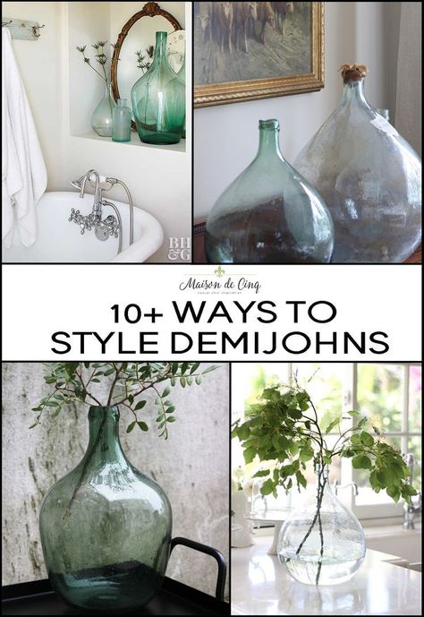 Antique French Demijohns - How to Decorate with Them and Where to Find Them!!---> #maisondecinq demijohn frenchdemijohn antiquedemijohn antiques vintagestyle frenchcountry frenchfarmhouse europeanfarmhouse decoratingideas homedecor homedecorideas interiordecorating interiorstyling Glass Wine Jugs Decor, Glass Jugs Decor Ideas, Demijohn Ideas, Glass Jugs Decor, Glass Vases Decor Ideas, Vintage Bottles Decor, Glass Cloche Decor, Glass Jug Vase, Glass Bottle Decor