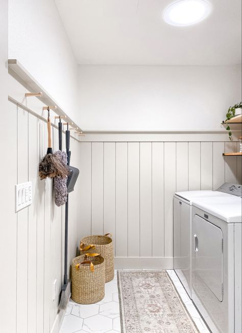 Vertical shiplap in updated laundry room. Hexagon tile with open shelving. Peg hooks in mudroom. Revere pewter and white walls. Laundry Room Paint, Laundry Room/mudroom, Laundry Room Tile, White Laundry Rooms, Basement Laundry Room, Laundry Room Flooring, Basement Laundry, Mudroom Laundry Room, Laundry Room Renovation