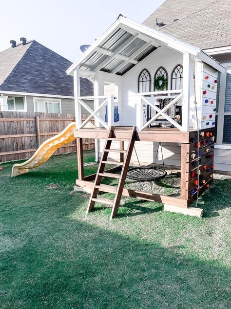 Playhouse With Deck, A Frame Playhouse With Slide, Big Kid Playhouse, Playset Outdoor Diy, Platform Playhouse, Diy Playhouse Outdoor, Homemade Playground, Elevated Playhouse, Backyard Ideas For Kids