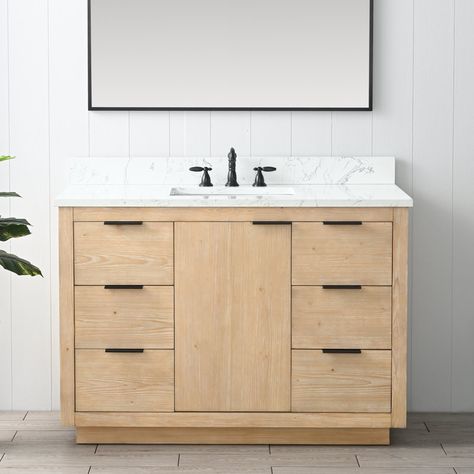 Wrought Studio Calahan 48'' Free Standing Single Bathroom Vanity with Stone Top | Wayfair Single Sink Bathroom Vanities, 48 Inch Bathroom Vanity, Ceramic Undermount Sink, Mid Century Bathroom, Wood Bathroom Vanity, Vanity Set With Mirror, Bathroom Vanity Base, White Quartz Countertop, Decorating Style