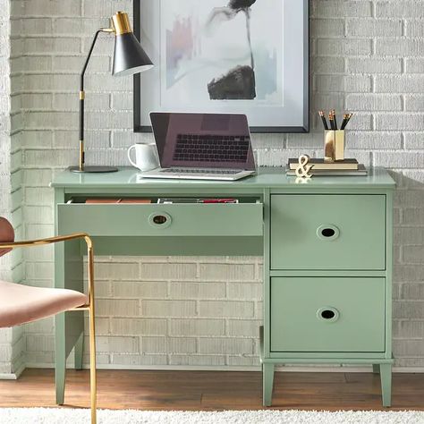 Simple Living Jamie Desk - On Sale - Bed Bath & Beyond - 35471129 Desk Dimensions, Green Desk, Painted Desk, Mid Century Desk, Home Office Furniture Desk, White Desks, Bed Desk, White Charcoal, Vintage Desk