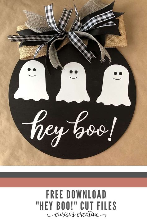 Get a free svg halloween cut file with the phrase Hey Boo! to make a cute wood sign. Hey Boo Wood Sign, Hey Boo Svg Free, Halloween Plaques Wood Signs, Halloween Wood Circle Signs, Round Signs Wood Diy Halloween, Halloween Wood Rounds, Boo Signs For Halloween Diy, Boo Signs For Halloween, Halloween Round Wood Signs