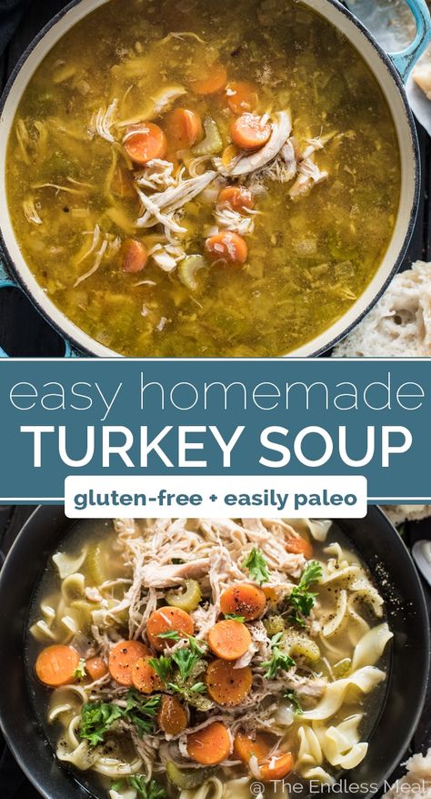 Easy Homemade Turkey Soup | The Endless Meal® Turkey Stock Recipe, Homemade Turkey Soup, Soup Homemade, Turkey Soup Recipe, Vegetable Soup With Chicken, Crockpot Turkey, Leftover Turkey Recipes, Turkey Soup, The Leftovers