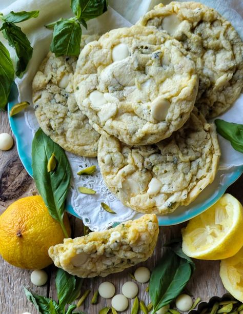 Lemon Basil Cookies with White Chocolate and Pistachios | The Lemon Apron Basil Cookie Recipe, Lemon Basil Cookies, Basil Cookies, Basil Dessert, Anniversary Dessert, Lime Cookies, Pistachio Cookies, Lemon Basil, White Chocolate Cookies