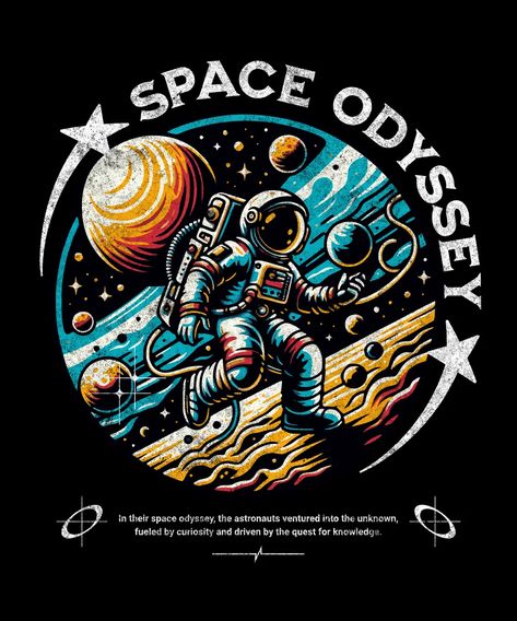 Take your T-Shirt design to the next level by using this Space Odyssey T-Shirt Design T-Shirt design template by Indah Irawan. Use this ready-to-use T-Shirt design and start designing like a Pro. Space Shirt Design, Streetwear Shirts Design, Space Tshirt Design, T Shirt Sticker Design, Streetwear T Shirt Design, Dtf Shirts, Streetwear Couple, Tshirt Artwork, Space Tshirt