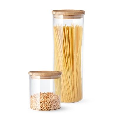 Hold Everything Stacking Glass Canisters | Williams Sonoma Large Glass Canisters, Sugar Rice, Golden Bamboo, Glass Storage Containers, Countertop Storage, Dark Wood Stain, Glass Canisters, Airtight Food Storage Containers, Raisin Cookies