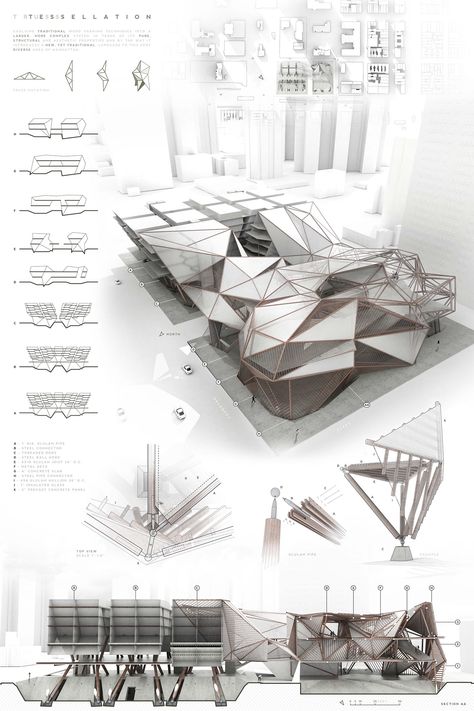 Truss Tessellation on Behance Interior Architecture Presentation, Architecture Drawing Presentation, Origami Architecture, Presentation Board Design, Architecture Drawing Plan, Architecture Portfolio Design, Interior Architecture Drawing, Architecture Presentation Board, Architecture Panel