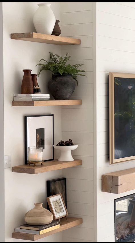 Fireplace Shelves Floating, Tv Floating Shelves Ideas Tv Walls, Floating Shelves Living Room, Shelf Decor Living Room, Build Home, Fireplace Shelves, Styling Shelves, Living Room Shelves, Decorating Shelves