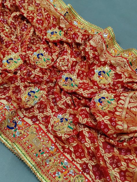 *Latest New Marwadi Bhaat Chunri Pure Khaddi Georgette Upada Junglaw Neemzari Chunri* For Bridal Purpose Pure Khaddi Georgette Upada Junglaw Neemzari Fabric 2.3 mtr approx full size Bridal, Wedding, Bhaat, Mangal Path, Kirtan, Marriage, Baby Shower, God Bharai and other rituals. Original Tested Zaridozi Work Kolkata Handwork Drywash item Dispatch time 25-30 working days Latest Dupatta Odhna Bridal God Bharai, Engagement Dress For Bride, Engagement Dress, Saree Design, Engagement Dresses, Design Patterns, Salwar Suits, Bridal Wedding, Saree Designs