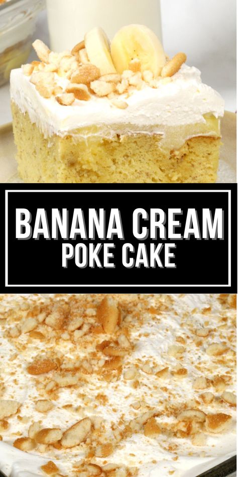 Banana Cream Cake is moist and delicious but this Banana Cream Poke cake takes it to next level moistness and a wonderful creamy flavor that will make this your favorite banana cake ever. Amazing Banana Cake, Banana Cream Cake Easy, Banana Cake Whipped Cream Frosting, Banana Cream Pudding Cake, Banana Whipped Cream Cake, Banana Creme Cake, Banana Cake Box Recipe, Banana Cream Poke Cake, Banana Poke Cake Recipe