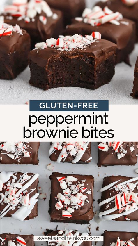 Gluten-Free Peppermint Brownie Bites - These gluten-free brownie bites are dipped in chocolate & coated with crunchy peppermint bits! // Gluten-free peppermint brownies // gluten-free brownie bites recipe // gluten-free christmas cookies // gluten-free holiday dessert // gluten-free christmas recipes Gluten Free Brownie Bites, Peppermint Brownie Bites, Gluten Free Christmas Treats, Gluten Free Pumpkin Bars, Peppermint Brownie, Boxed Brownies, Gluten Free Christmas Recipes, Crushed Candy Cane, Brownie Bites Recipe