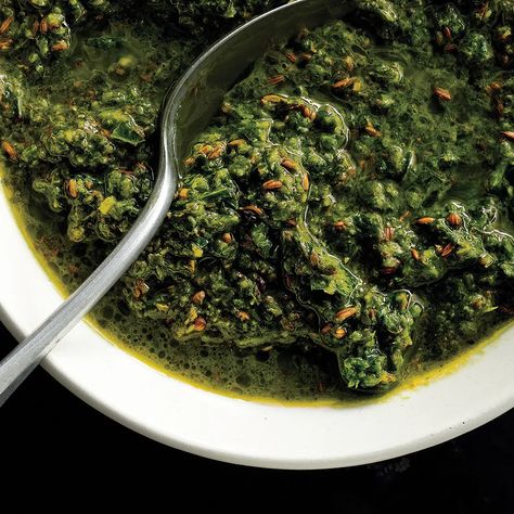 Green Harissa Recipe | Epicurious Green Harissa, Harissa Recipe, Mojo Verde, Harissa Recipes, Parsley Leaves, Bon Appetite Recipes, Verde Recipe, Grab Food, Veg Food