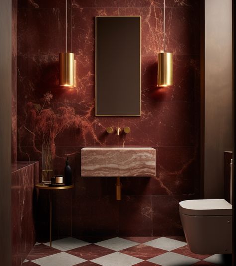 Red Tile Bathroom Ideas, Moody Marble Bathroom, Colored Marble Bathroom, Mauve Vanity Bathroom, Red Stone Countertops, Burgundy Tile Bathroom, Marble Toilet Design, Red Tiles Bathroom, Bathroom Marble Ideas