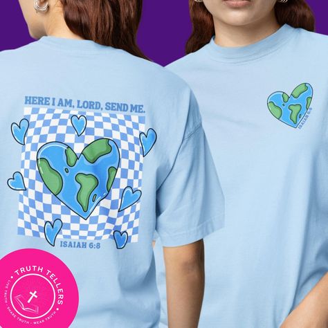 "God isn't looking for people of great faith, but for individuals ready to follow Him." - Hudson Taylor 🌍✨ Our new "Here I Am, Lord, Send Me" T-shirt, inspired by Isaiah 6:8, is perfect for servant-hearted women and teens who are passionate about spreading the Gospel through missions. Featuring a retro-style heart-shaped earth design, this shirt is a beautiful reminder of our call to spread the Good News. Grab yours today and wear your faith boldly! 🙌💖 #MissionMinded #FaithInAction #Chri... Mission Trip Shirts Design, Mission Trip Shirts, Here I Am Lord, Isaiah 6 8, T Shirt Front And Back, Christian Tshirts Women, Isaiah 6, Hymns Lyrics, Mission Trips