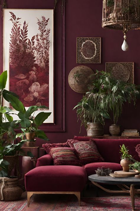 Burgundy red living room, boho style with plants. Unique Interiors, Chakra Activation, Amazon Top, Entry Hallway, Root Chakra, Chakra, Like You, Energy, Living Room